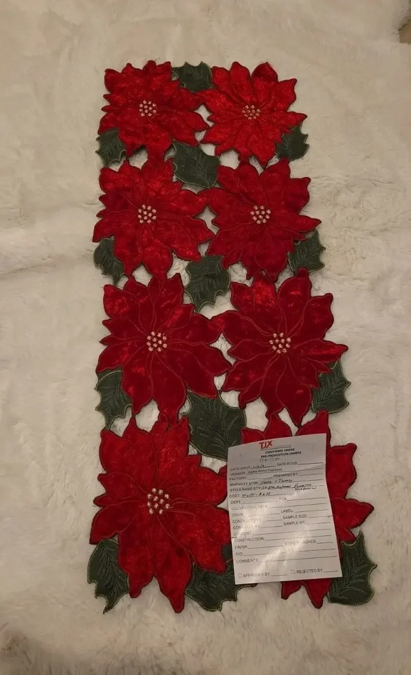 Christmas Poinsettia Table Runner 14x36 Velvet Embroidered TJ Maxx 2546...